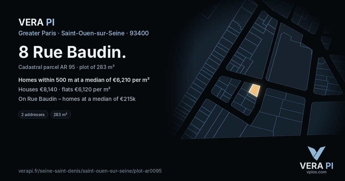 8 Rue Baudin, Saint-Ouen-sur-Seine at night – the plot lit, the parcels around coloured by the prices near them