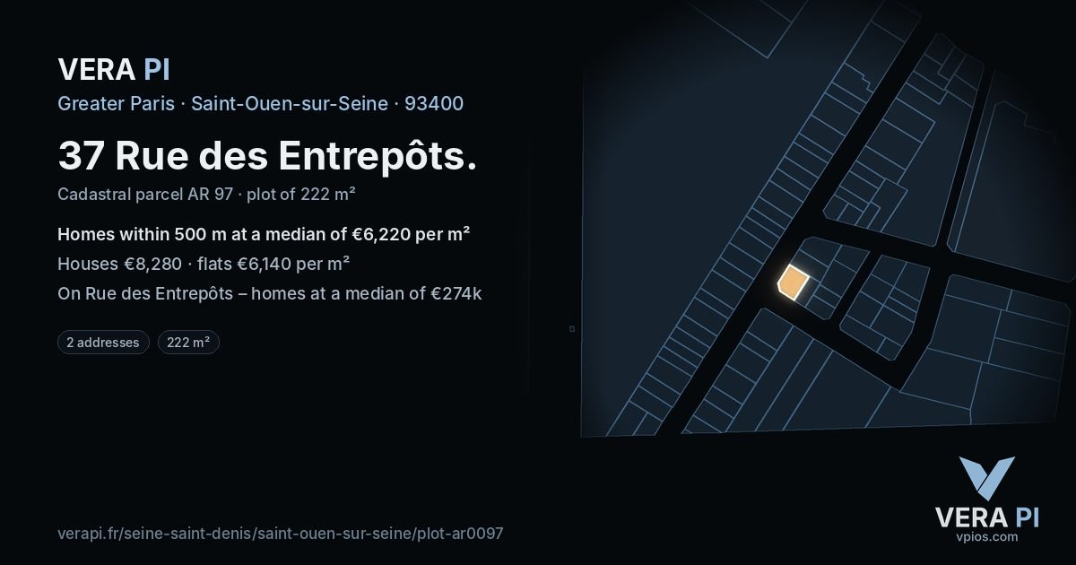 37 Rue des Entrepôts, Saint-Ouen-sur-Seine at night – the plot lit, the parcels around coloured by the prices near them