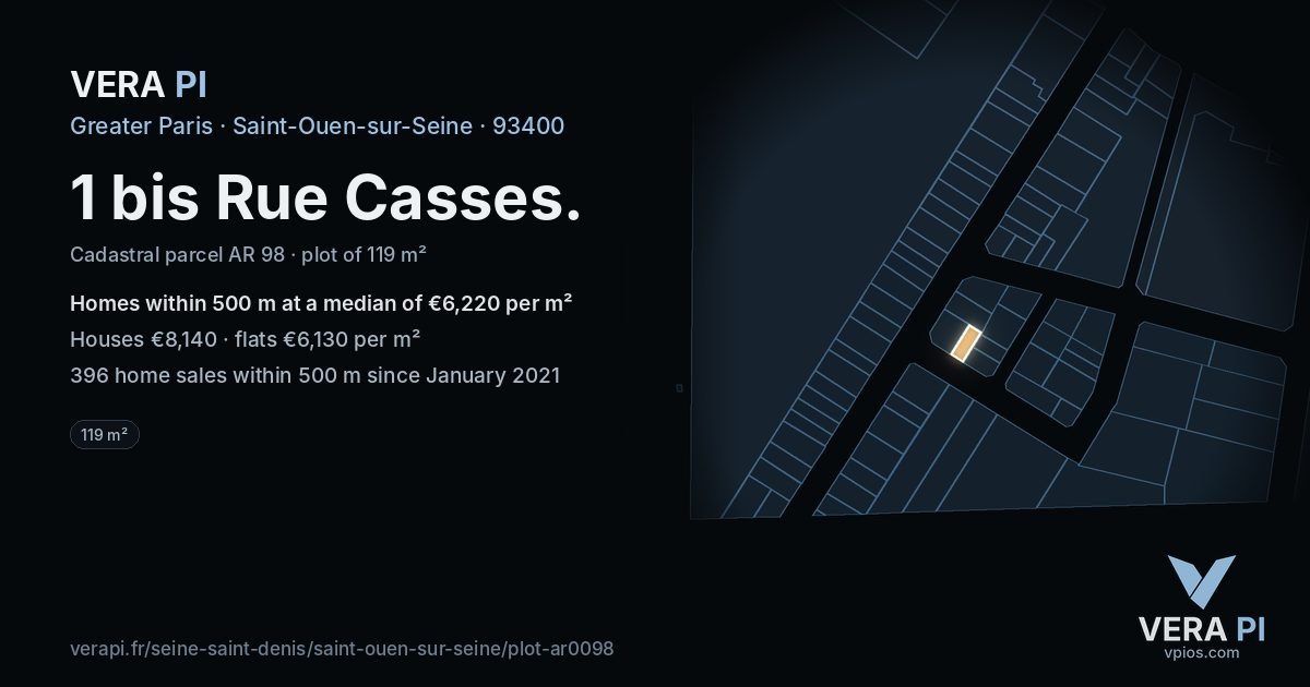 1 bis Rue Casses, Saint-Ouen-sur-Seine at night – the plot lit, the parcels around coloured by the prices near them