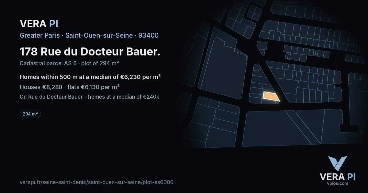178 Rue du Docteur Bauer, Saint-Ouen-sur-Seine at night – the plot lit, the parcels around coloured by the prices near them