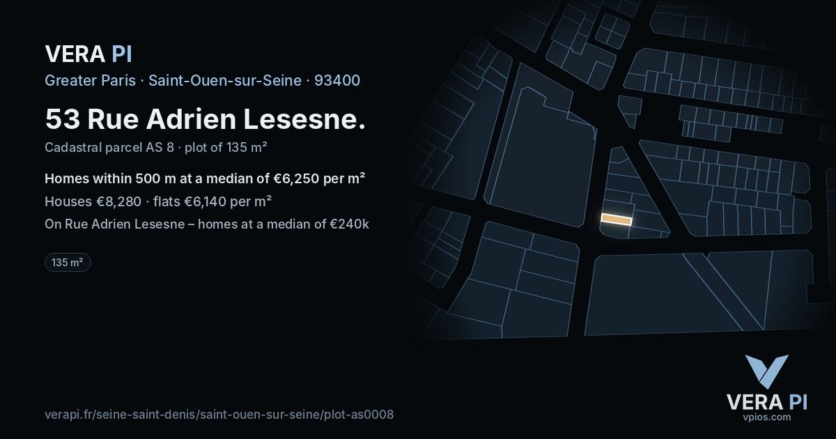 53 Rue Adrien Lesesne, Saint-Ouen-sur-Seine at night – the plot lit, the parcels around coloured by the prices near them