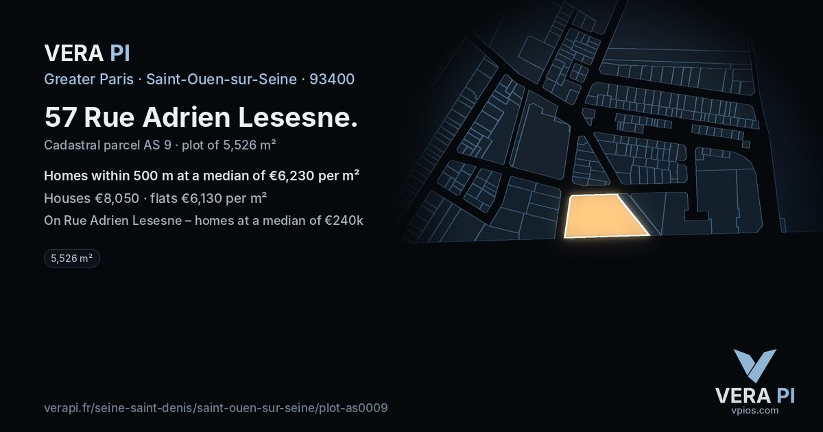 57 Rue Adrien Lesesne, Saint-Ouen-sur-Seine at night – the plot lit, the parcels around coloured by the prices near them