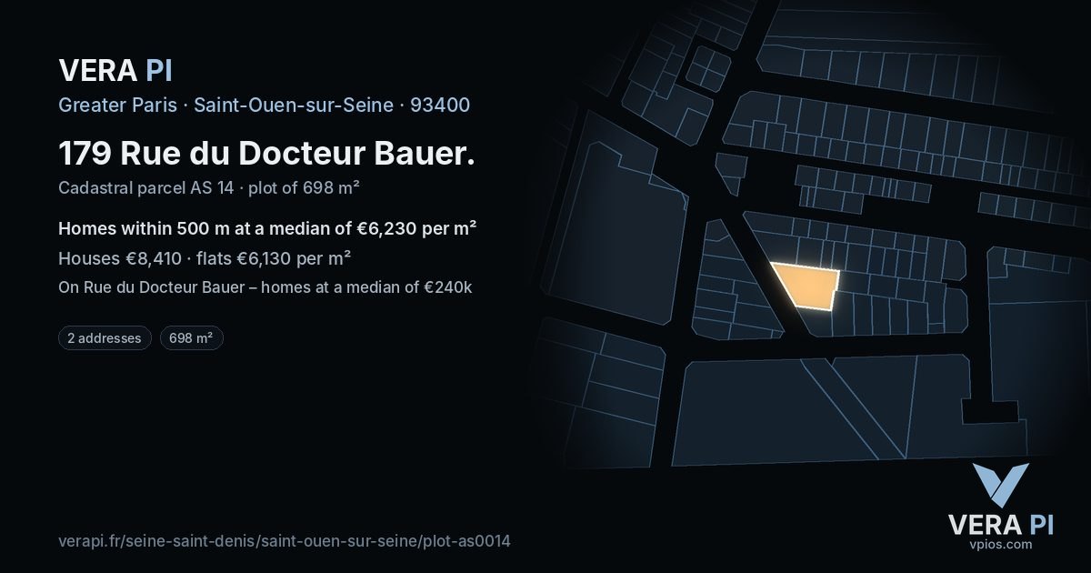 179 Rue du Docteur Bauer, Saint-Ouen-sur-Seine at night – the plot lit, the parcels around coloured by the prices near them