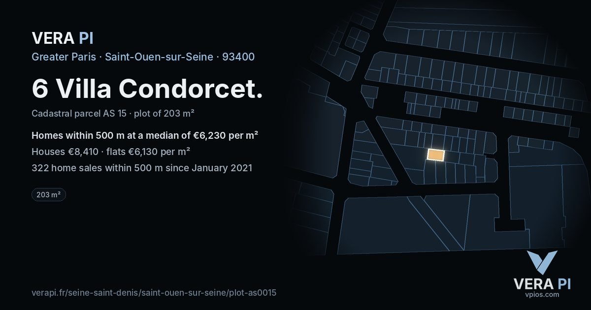 6 Villa Condorcet, Saint-Ouen-sur-Seine at night – the plot lit, the parcels around coloured by the prices near them