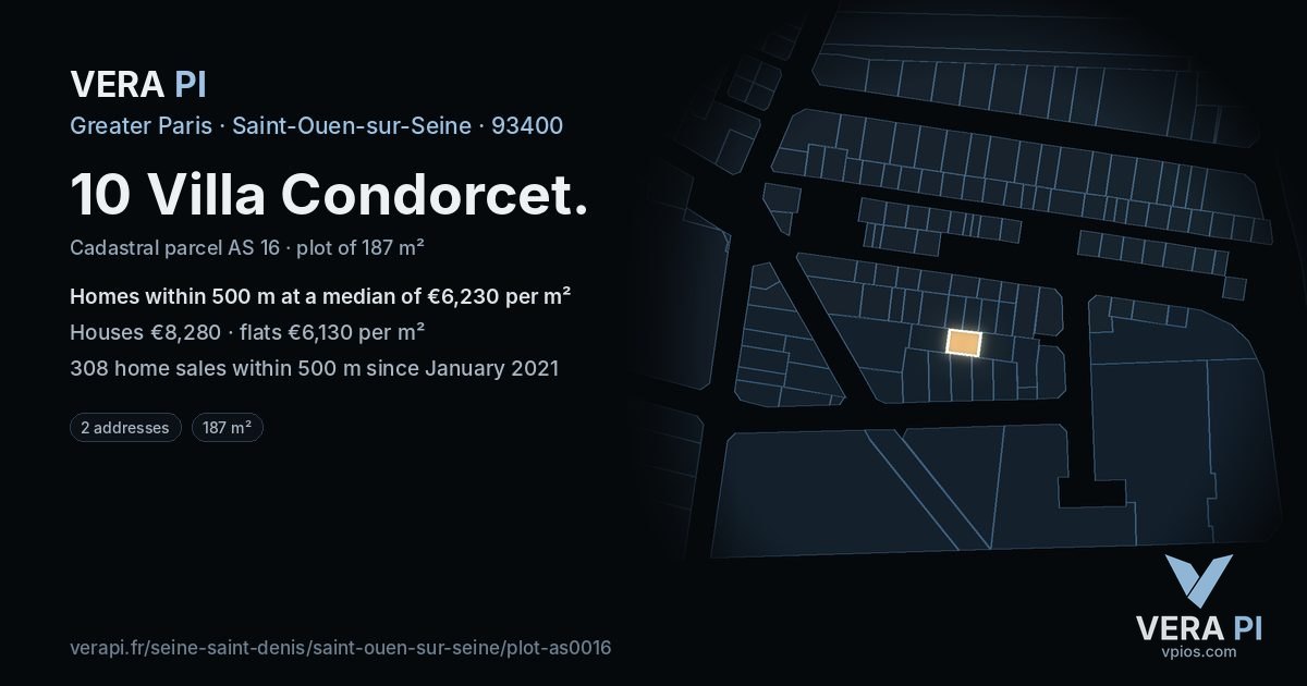 10 Villa Condorcet, Saint-Ouen-sur-Seine at night – the plot lit, the parcels around coloured by the prices near them