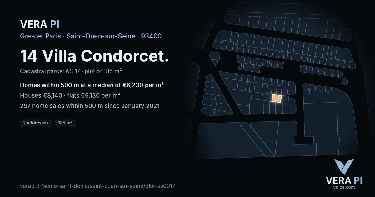 14 Villa Condorcet, Saint-Ouen-sur-Seine at night – the plot lit, the parcels around coloured by the prices near them