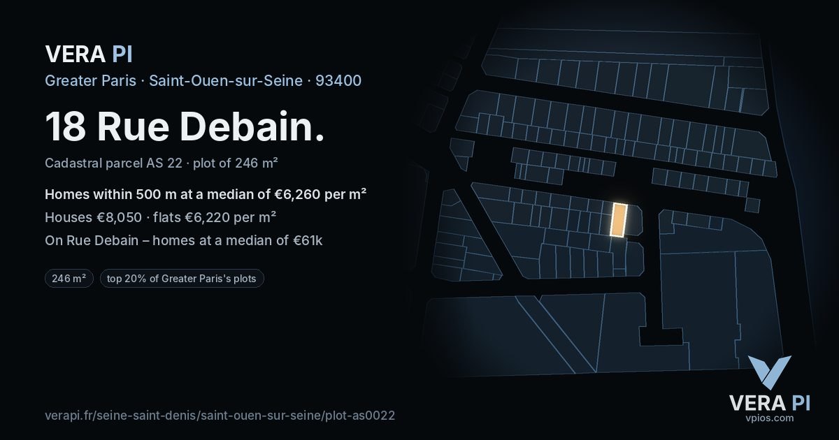 18 Rue Debain, Saint-Ouen-sur-Seine at night – the plot lit, the parcels around coloured by the prices near them