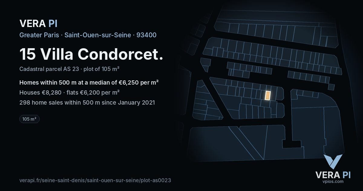 15 Villa Condorcet, Saint-Ouen-sur-Seine at night – the plot lit, the parcels around coloured by the prices near them
