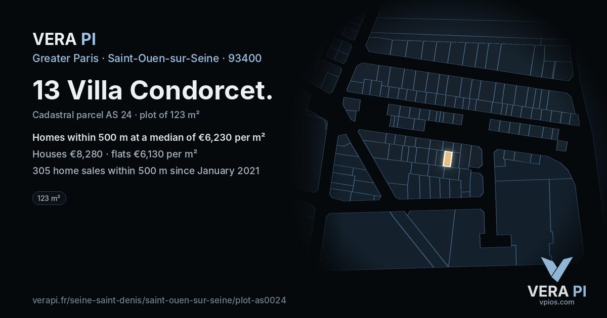 13 Villa Condorcet, Saint-Ouen-sur-Seine at night – the plot lit, the parcels around coloured by the prices near them