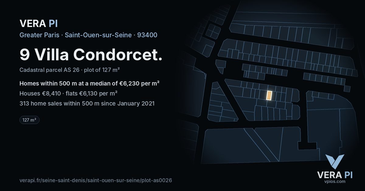 9 Villa Condorcet, Saint-Ouen-sur-Seine at night – the plot lit, the parcels around coloured by the prices near them