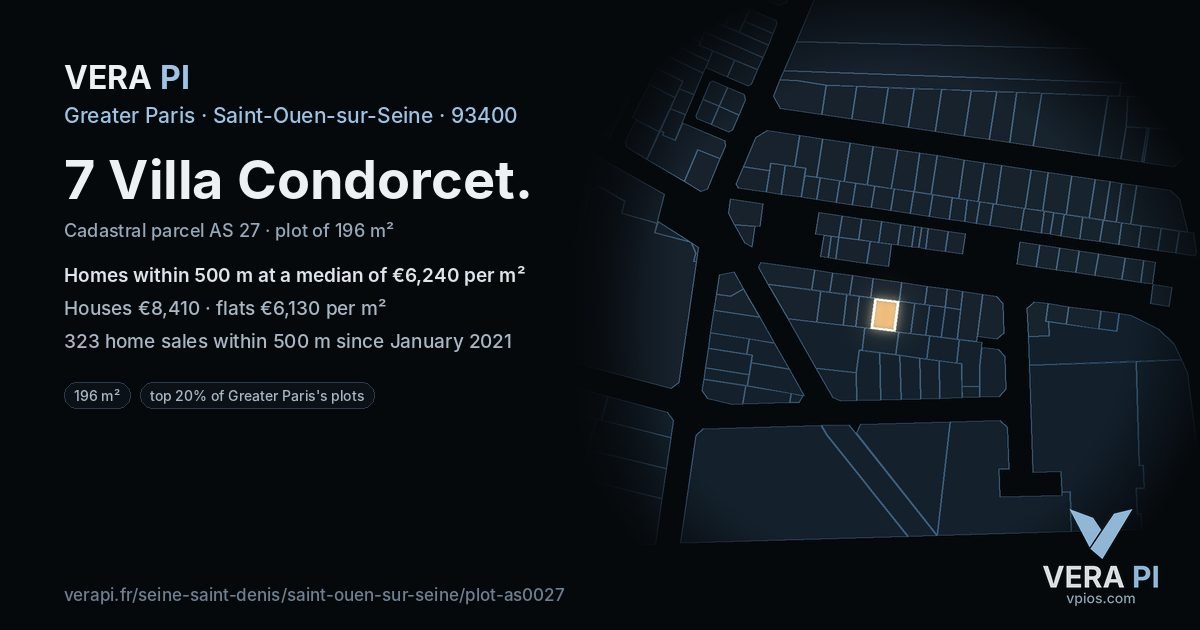 7 Villa Condorcet, Saint-Ouen-sur-Seine at night – the plot lit, the parcels around coloured by the prices near them