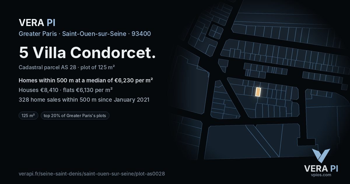 5 Villa Condorcet, Saint-Ouen-sur-Seine at night – the plot lit, the parcels around coloured by the prices near them