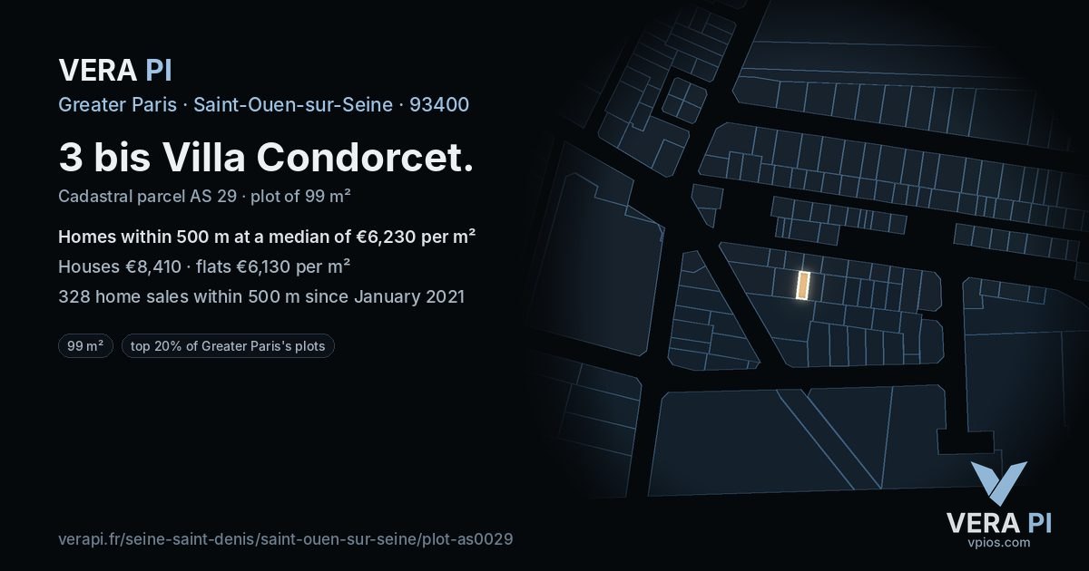 3 bis Villa Condorcet, Saint-Ouen-sur-Seine at night – the plot lit, the parcels around coloured by the prices near them