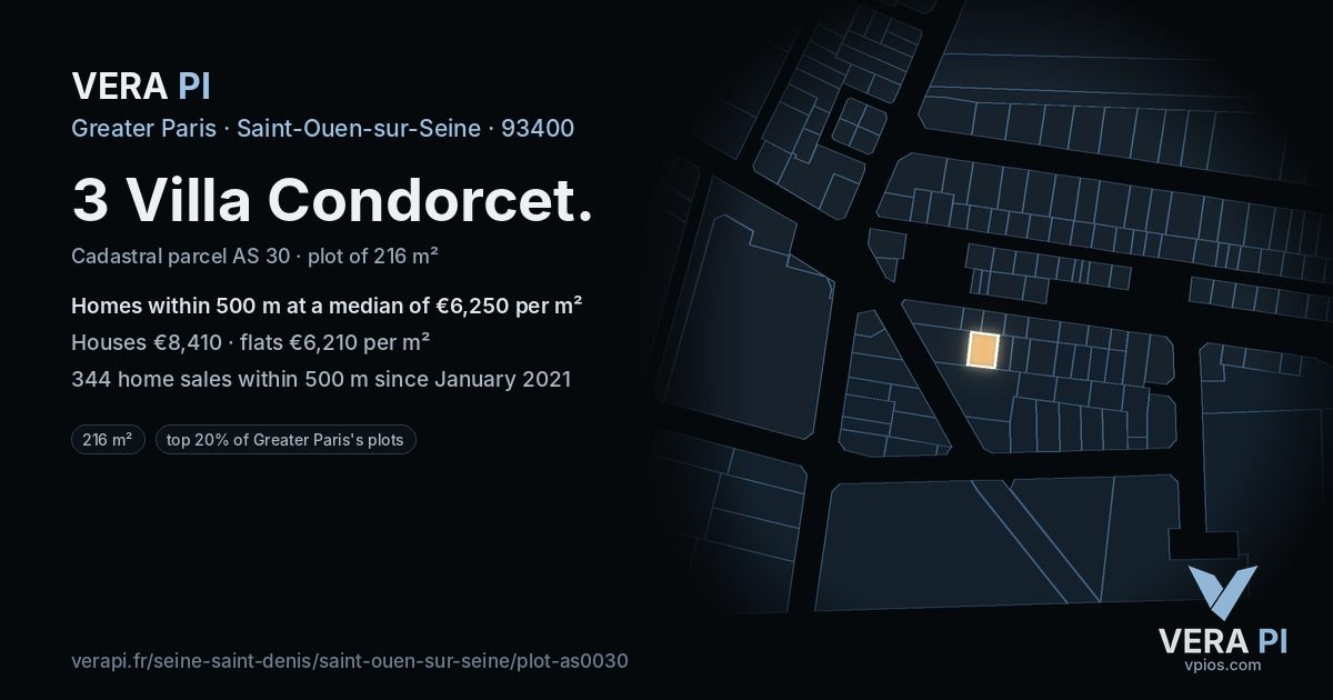 3 Villa Condorcet, Saint-Ouen-sur-Seine at night – the plot lit, the parcels around coloured by the prices near them