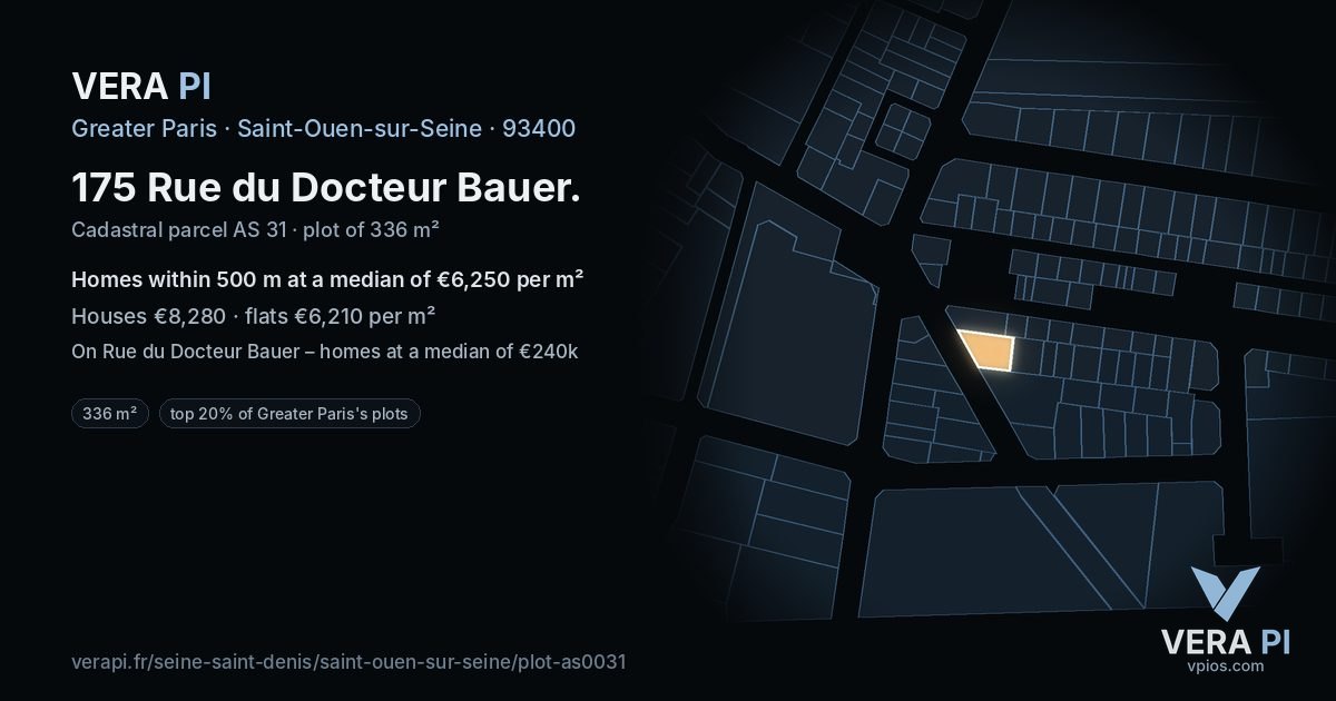 175 Rue du Docteur Bauer, Saint-Ouen-sur-Seine at night – the plot lit, the parcels around coloured by the prices near them