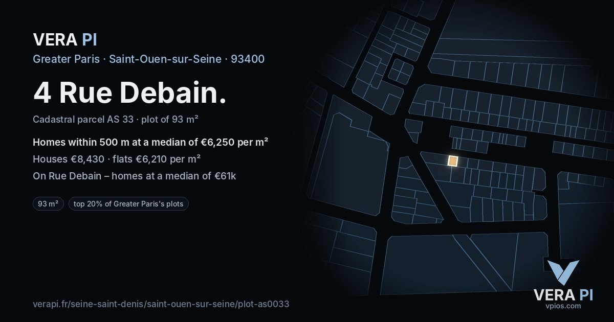 4 Rue Debain, Saint-Ouen-sur-Seine at night – the plot lit, the parcels around coloured by the prices near them