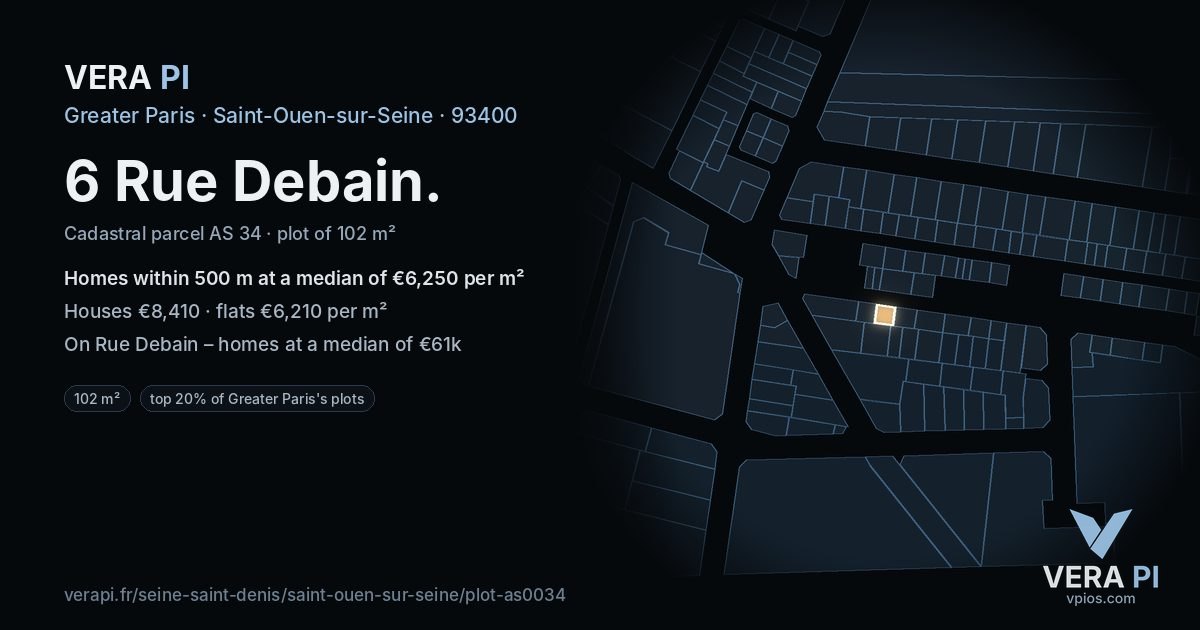 6 Rue Debain, Saint-Ouen-sur-Seine at night – the plot lit, the parcels around coloured by the prices near them