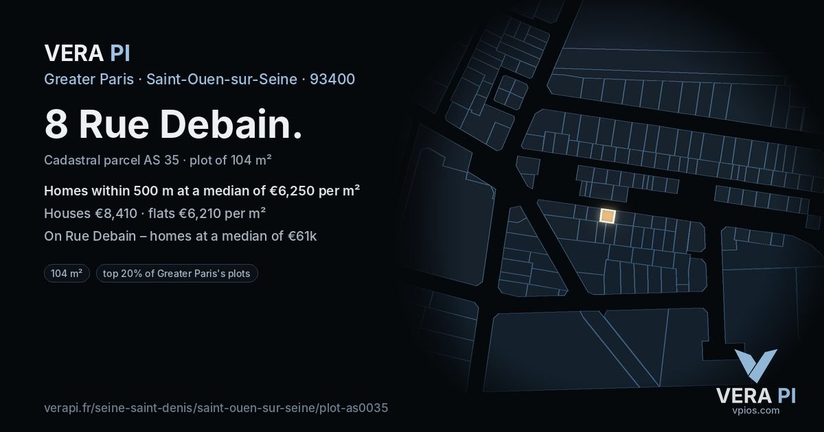 8 Rue Debain, Saint-Ouen-sur-Seine at night – the plot lit, the parcels around coloured by the prices near them