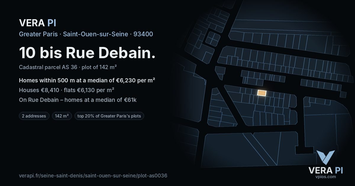 10 bis Rue Debain, Saint-Ouen-sur-Seine at night – the plot lit, the parcels around coloured by the prices near them
