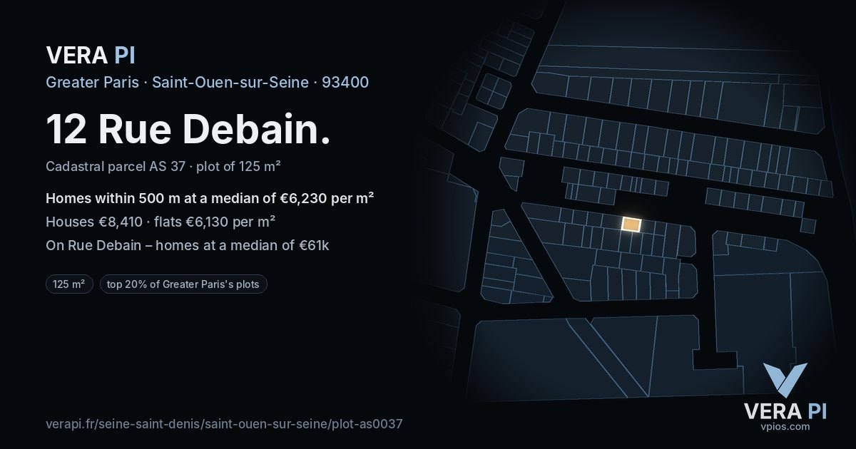 12 Rue Debain, Saint-Ouen-sur-Seine at night – the plot lit, the parcels around coloured by the prices near them