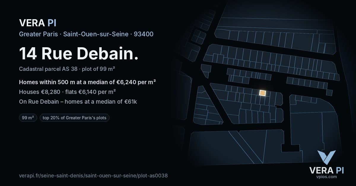 14 Rue Debain, Saint-Ouen-sur-Seine at night – the plot lit, the parcels around coloured by the prices near them