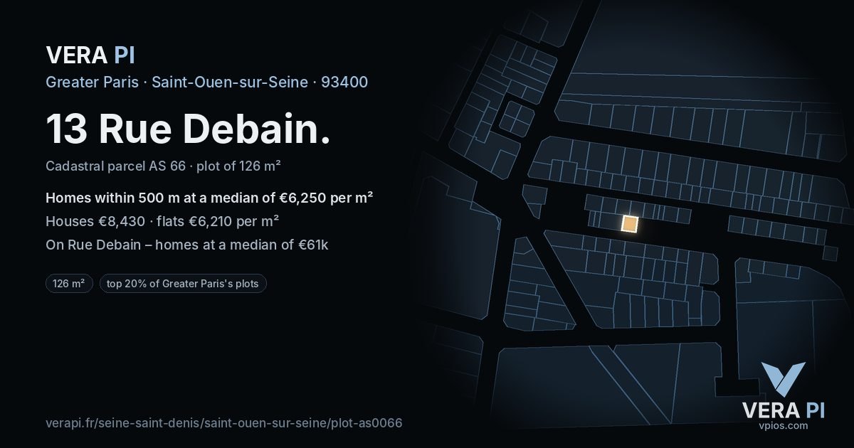 13 Rue Debain, Saint-Ouen-sur-Seine at night – the plot lit, the parcels around coloured by the prices near them