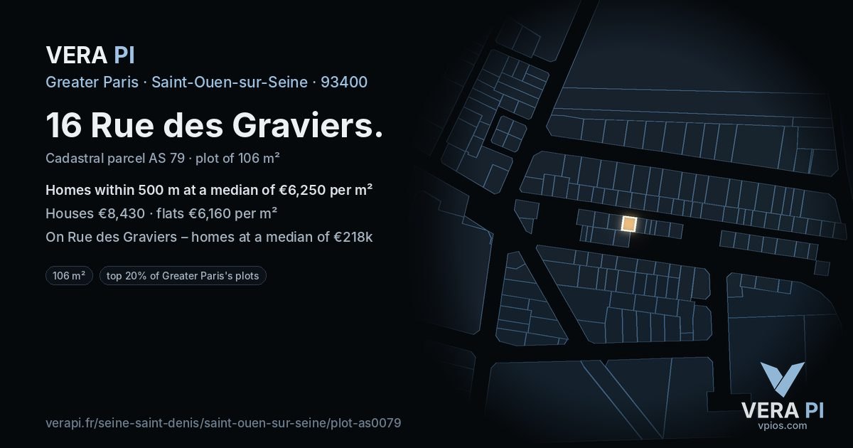 16 Rue des Graviers, Saint-Ouen-sur-Seine at night – the plot lit, the parcels around coloured by the prices near them