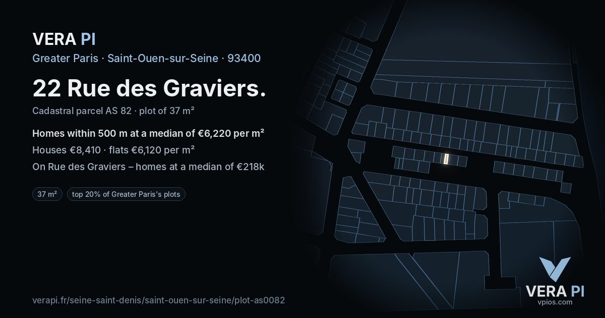 22 Rue des Graviers, Saint-Ouen-sur-Seine at night – the plot lit, the parcels around coloured by the prices near them