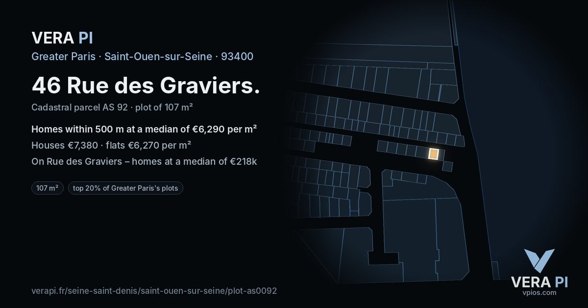 46 Rue des Graviers, Saint-Ouen-sur-Seine at night – the plot lit, the parcels around coloured by the prices near them