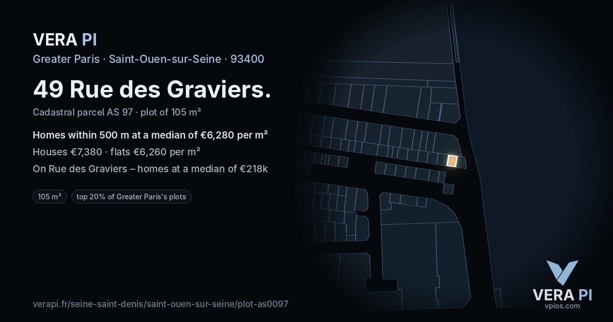 49 Rue des Graviers, Saint-Ouen-sur-Seine at night – the plot lit, the parcels around coloured by the prices near them