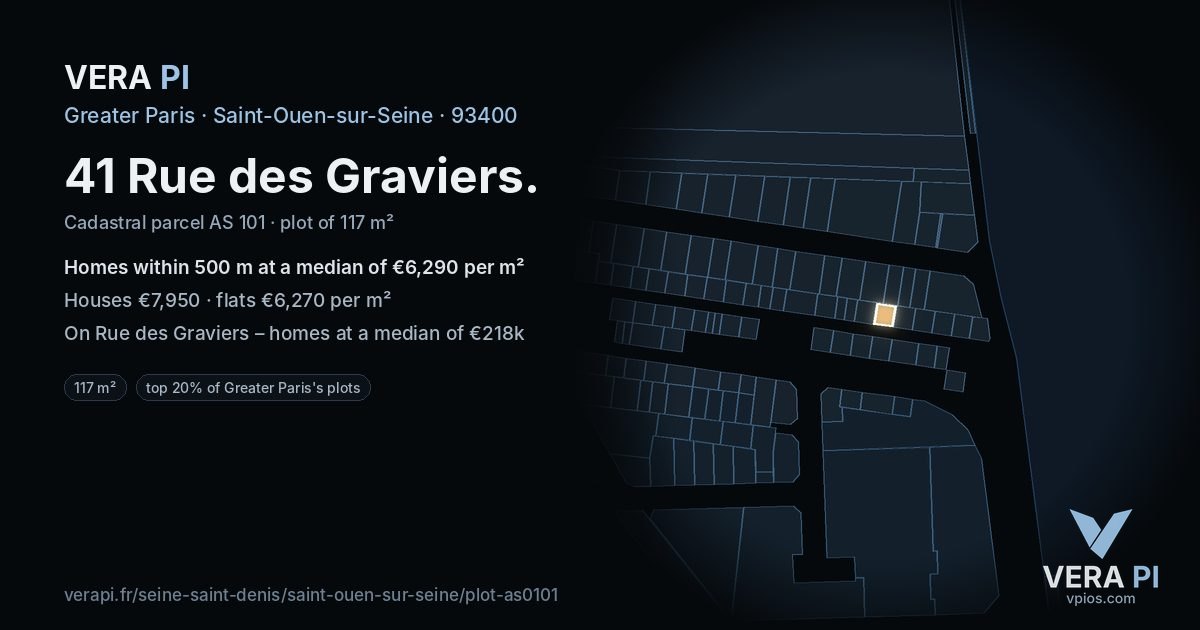 41 Rue des Graviers, Saint-Ouen-sur-Seine at night – the plot lit, the parcels around coloured by the prices near them