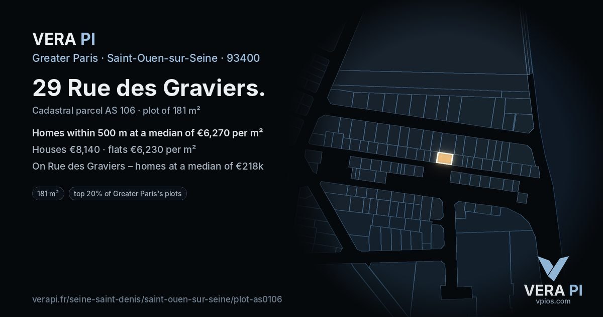 29 Rue des Graviers, Saint-Ouen-sur-Seine at night – the plot lit, the parcels around coloured by the prices near them