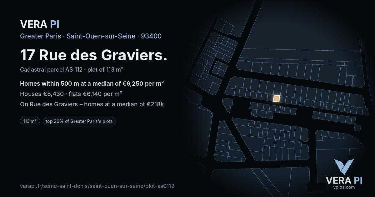 17 Rue des Graviers, Saint-Ouen-sur-Seine at night – the plot lit, the parcels around coloured by the prices near them