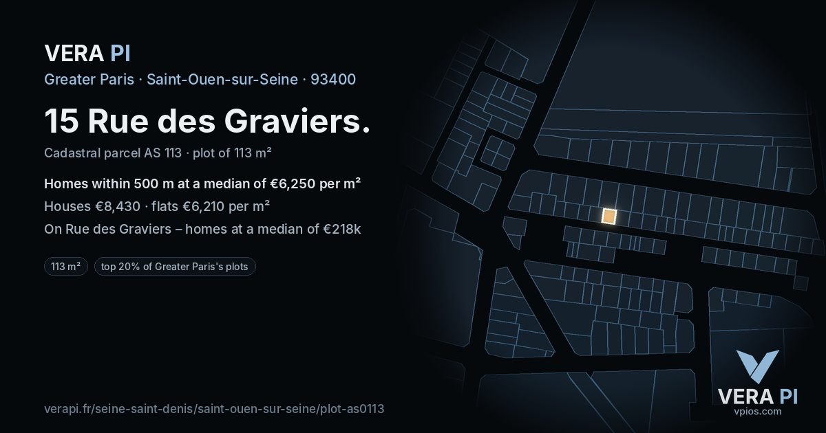 15 Rue des Graviers, Saint-Ouen-sur-Seine at night – the plot lit, the parcels around coloured by the prices near them