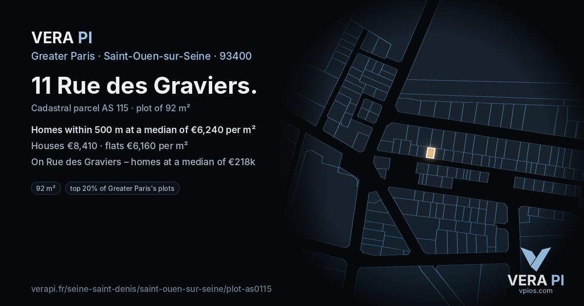 11 Rue des Graviers, Saint-Ouen-sur-Seine at night – the plot lit, the parcels around coloured by the prices near them