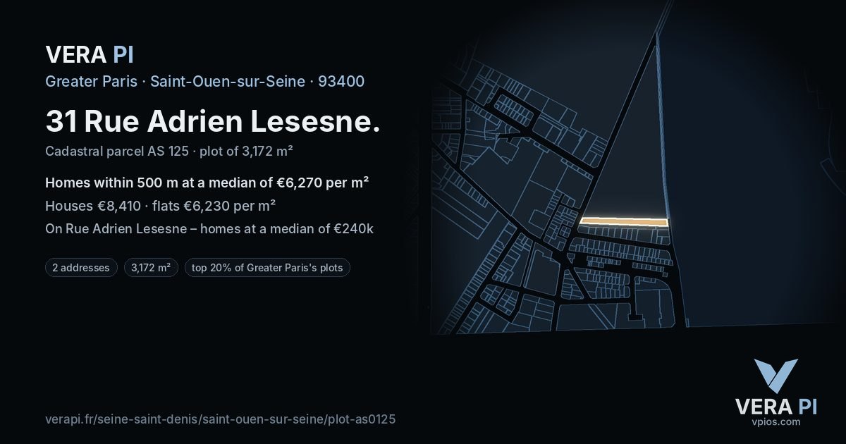 31 Rue Adrien Lesesne, Saint-Ouen-sur-Seine at night – the plot lit, the parcels around coloured by the prices near them