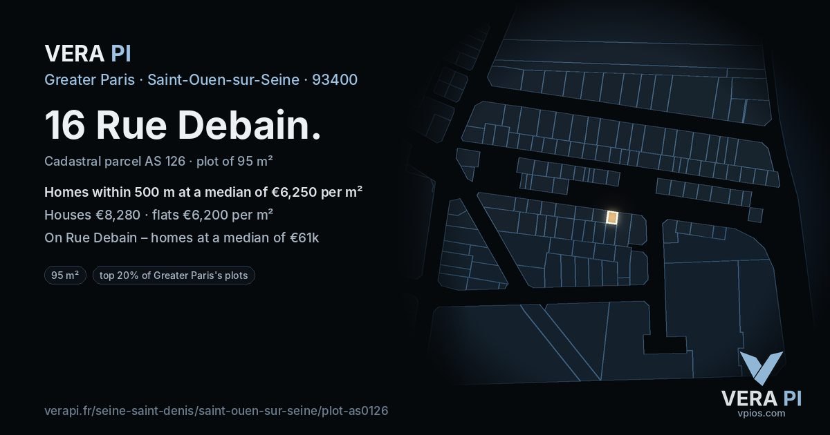 16 Rue Debain, Saint-Ouen-sur-Seine at night – the plot lit, the parcels around coloured by the prices near them