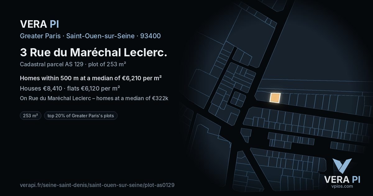 3 Rue du Maréchal Leclerc, Saint-Ouen-sur-Seine at night – the plot lit, the parcels around coloured by the prices near them