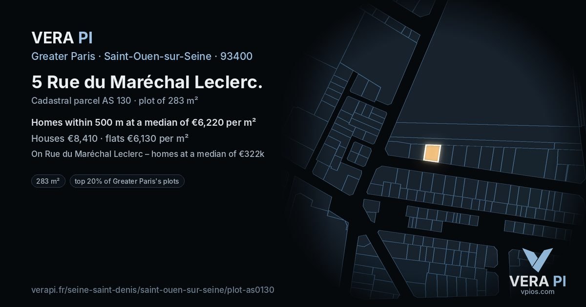 5 Rue du Maréchal Leclerc, Saint-Ouen-sur-Seine at night – the plot lit, the parcels around coloured by the prices near them