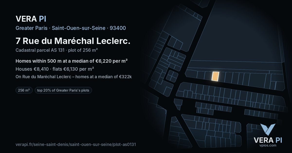 7 Rue du Maréchal Leclerc, Saint-Ouen-sur-Seine at night – the plot lit, the parcels around coloured by the prices near them