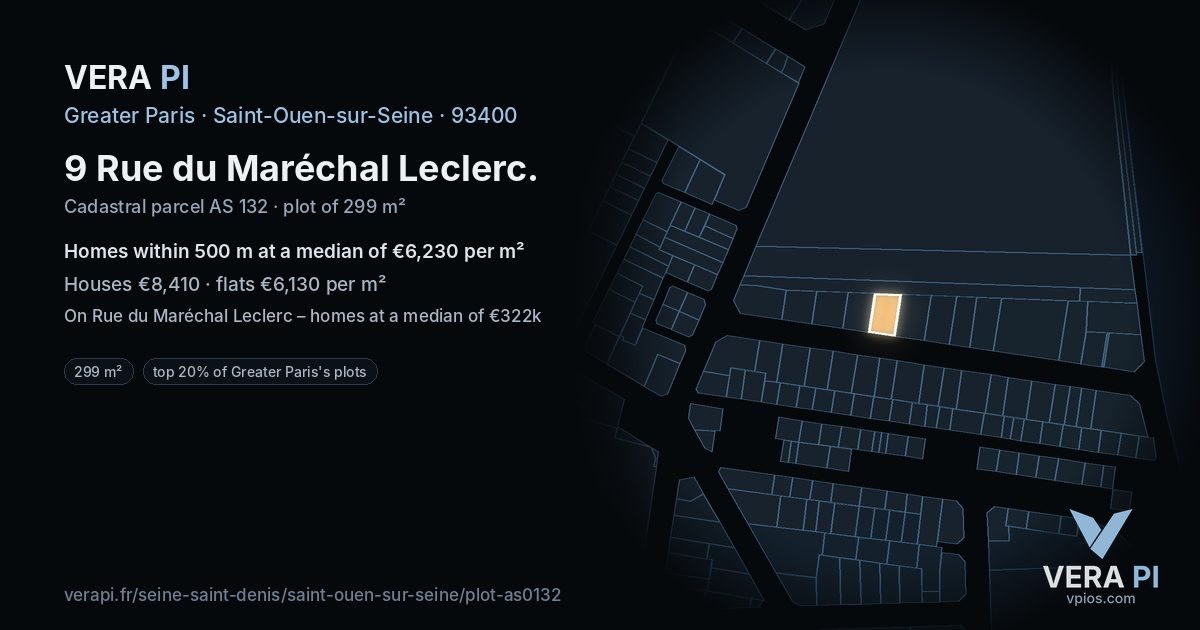9 Rue du Maréchal Leclerc, Saint-Ouen-sur-Seine at night – the plot lit, the parcels around coloured by the prices near them