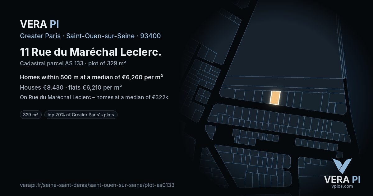 11 Rue du Maréchal Leclerc, Saint-Ouen-sur-Seine at night – the plot lit, the parcels around coloured by the prices near them