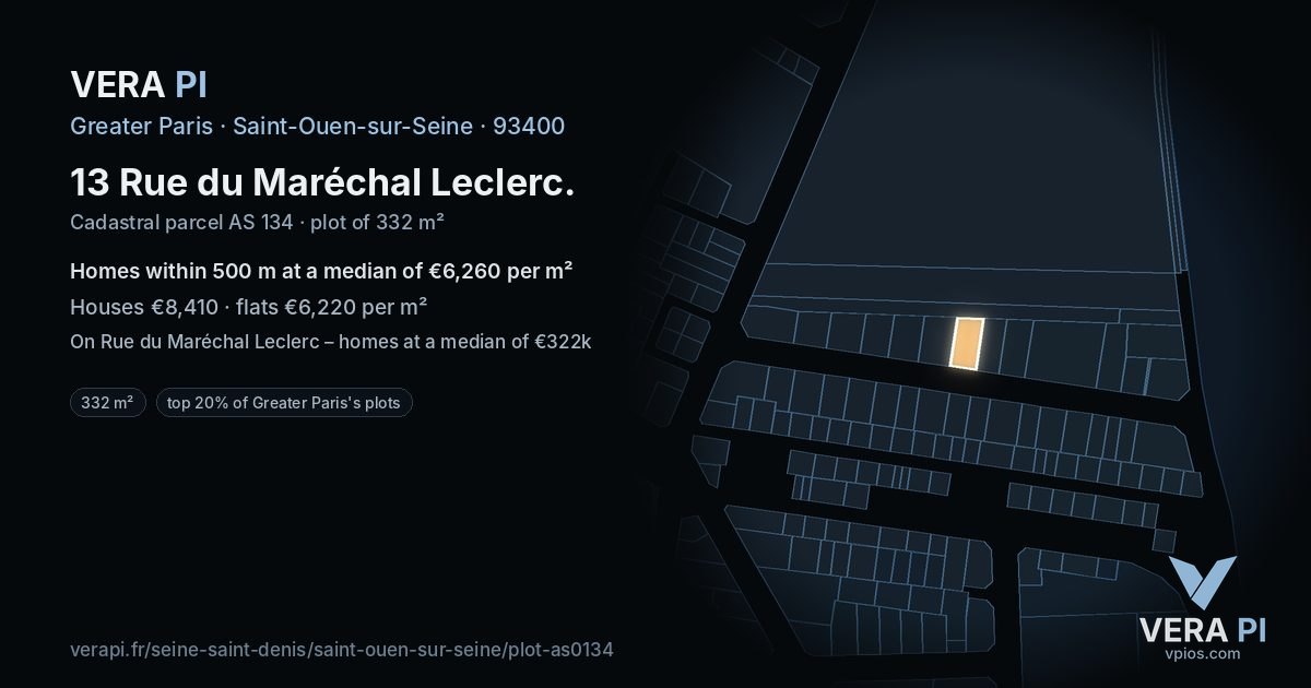 13 Rue du Maréchal Leclerc, Saint-Ouen-sur-Seine at night – the plot lit, the parcels around coloured by the prices near them