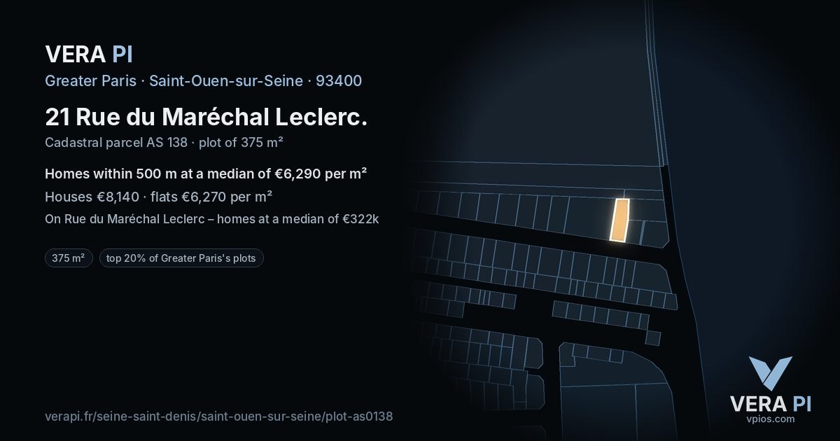 21 Rue du Maréchal Leclerc, Saint-Ouen-sur-Seine at night – the plot lit, the parcels around coloured by the prices near them