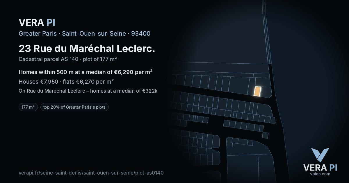 23 Rue du Maréchal Leclerc, Saint-Ouen-sur-Seine at night – the plot lit, the parcels around coloured by the prices near them