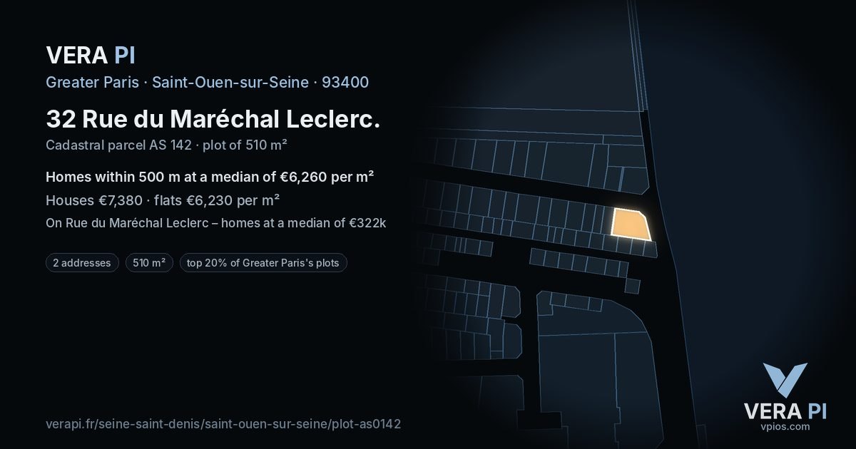 32 Rue du Maréchal Leclerc, Saint-Ouen-sur-Seine at night – the plot lit, the parcels around coloured by the prices near them