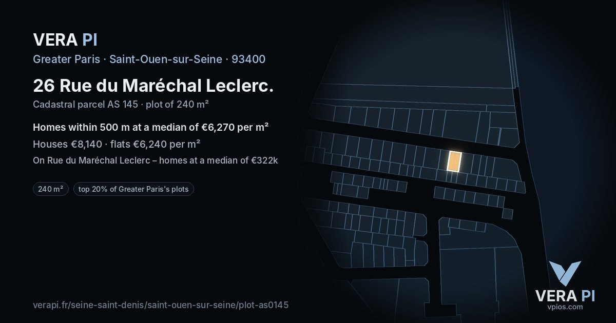 26 Rue du Maréchal Leclerc, Saint-Ouen-sur-Seine at night – the plot lit, the parcels around coloured by the prices near them