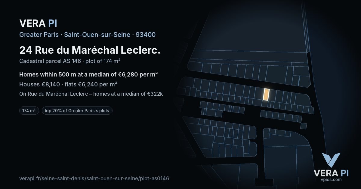 24 Rue du Maréchal Leclerc, Saint-Ouen-sur-Seine at night – the plot lit, the parcels around coloured by the prices near them