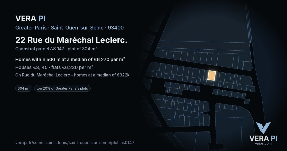 22 Rue du Maréchal Leclerc, Saint-Ouen-sur-Seine at night – the plot lit, the parcels around coloured by the prices near them