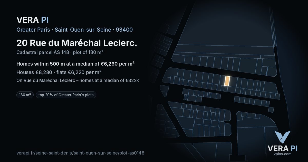 20 Rue du Maréchal Leclerc, Saint-Ouen-sur-Seine at night – the plot lit, the parcels around coloured by the prices near them